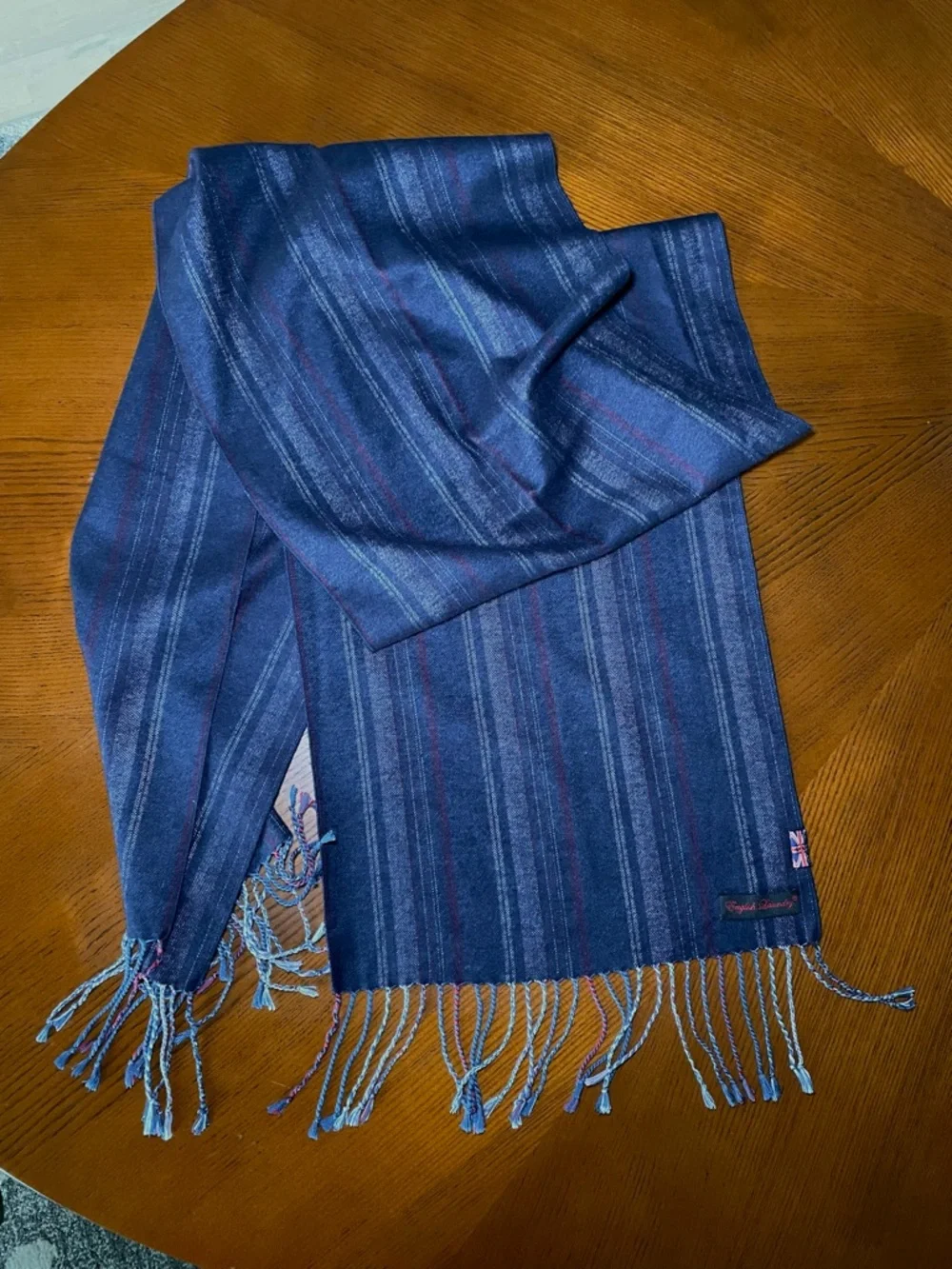 English Laundry 100% Silk Dark Navy Scarf with Gray and Red Stripes